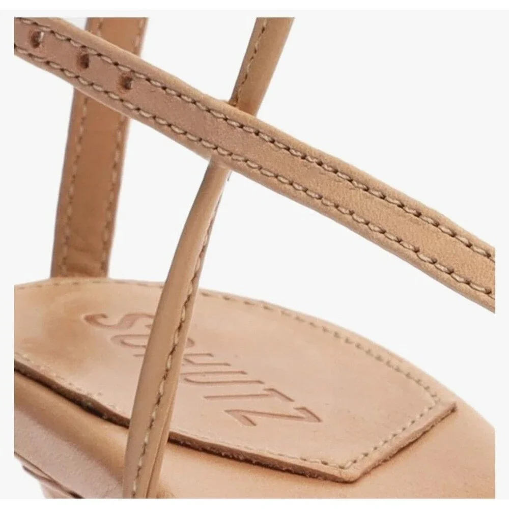 New SCHUTZ Beige Vikki Lace Up Square Thong Toe Stiletto Sandals Brazil US 9.5B - Picture 5 of 9